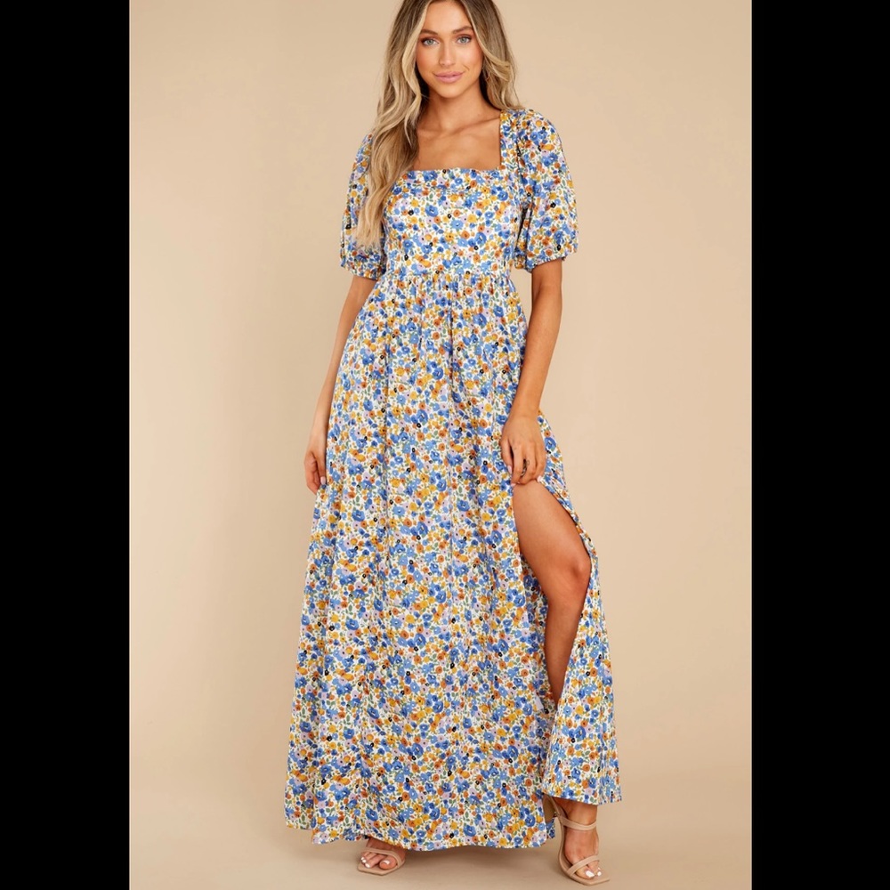 Red Dress Aakaa Have A Field Day Blue Floral Print Square Neck Maxi Dress NWT